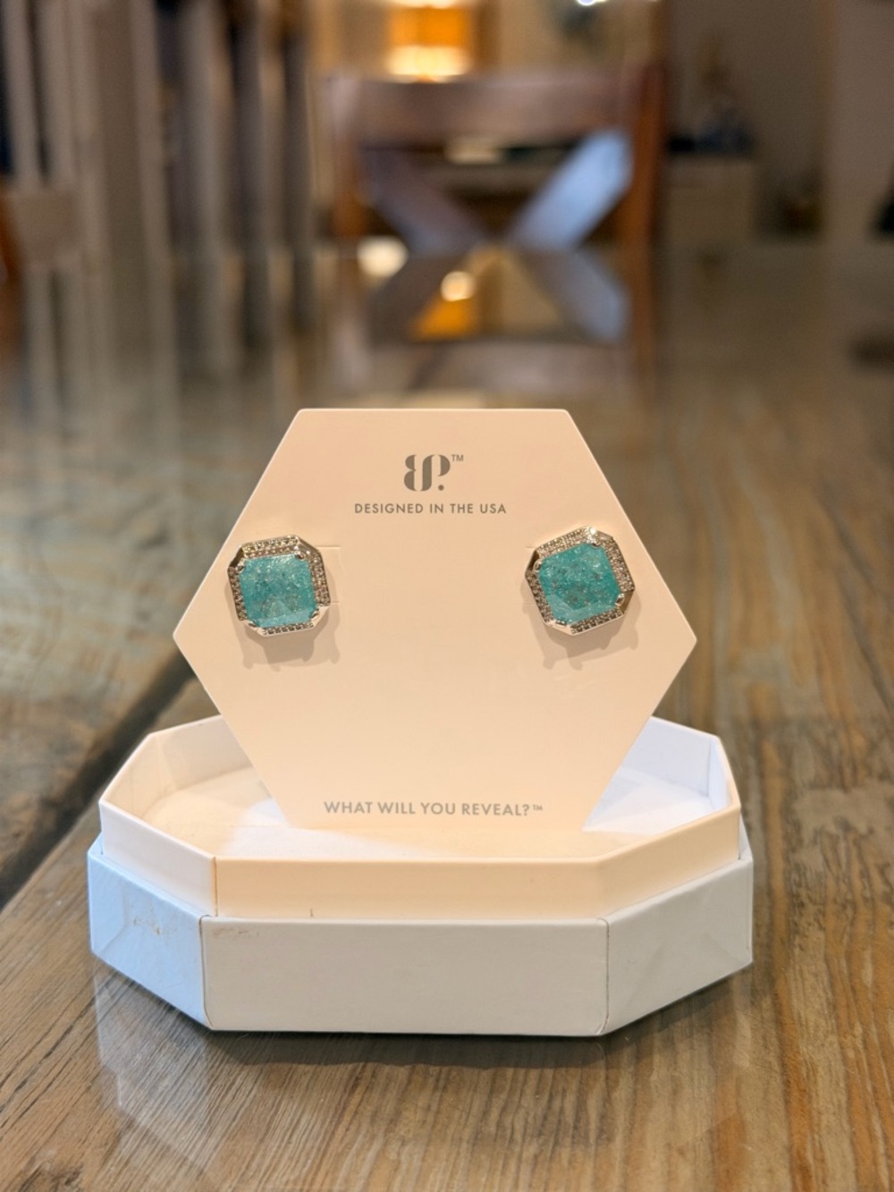 Bomb Party NWOT! Hexagon Teal Crystal Stud Earrings with Pavé Halo